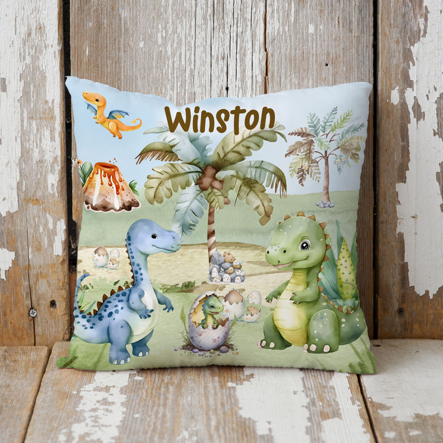 Personalised cushion cover featuring cute dinosaurs.