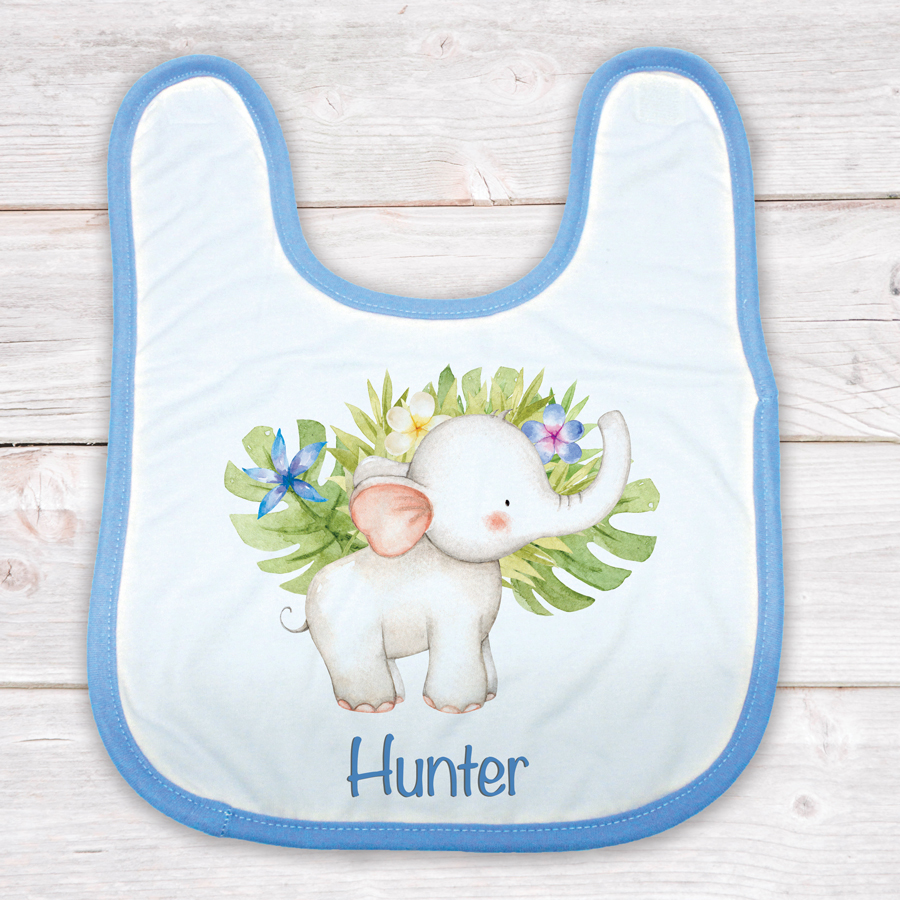 Personalised bib with blue trim featuring an elephant.