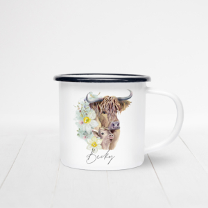 Personalised enamel mug featuring a highland cow with calf and daffodils.