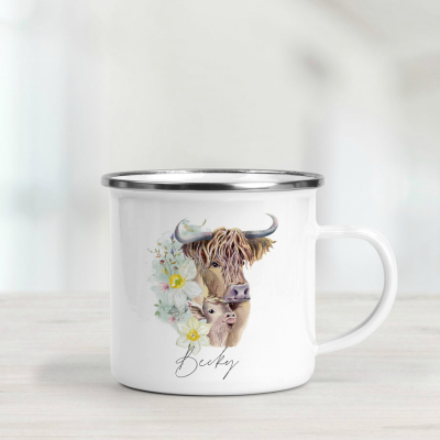 Personalised enamel mug featuring a highland cow with daffodils.