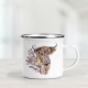Enamel mug featuring a highland cow with heather.