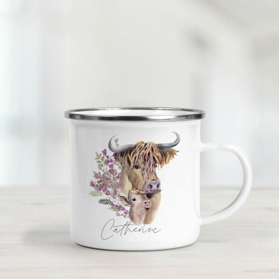 Personalised enamel mug featuring a highland cow and heather.