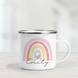 rainbow enamel mug with personalisation.