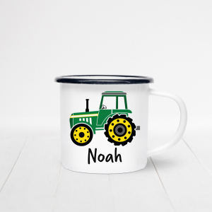 Personalised enamel mug with a green tractor design.