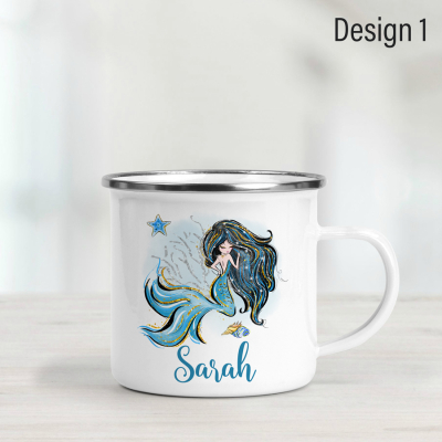 Personalised enamel mug featuring a mermaid with black hair.