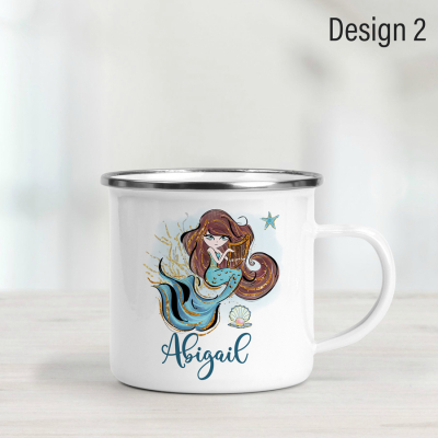 Personalised enamel mug featuring a mermaid with auburn hair.