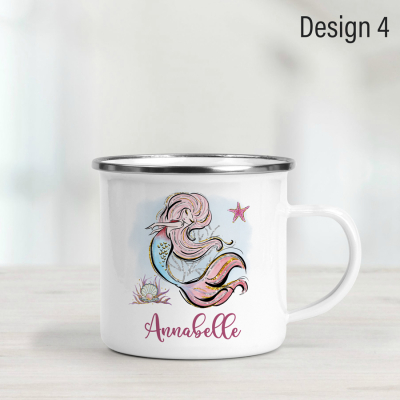 Personalised enamel mug featuring a mermaid with blonde hair.