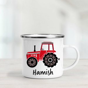 Personalised enamel mug featuring a red tractor.