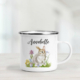 White enamel mug with a bunny and chick print and name