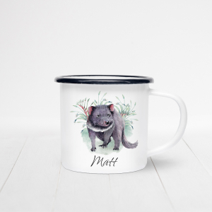 Personalised enamel mug with a Tasmanian Devil design.