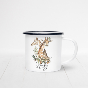 Personalised enamel mug featuring giraffes.