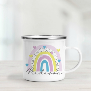 Personalised enamel mug featuring a rainbow with hearts.