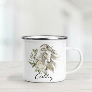 Personalised enamel mug featuring a horse with white roses.