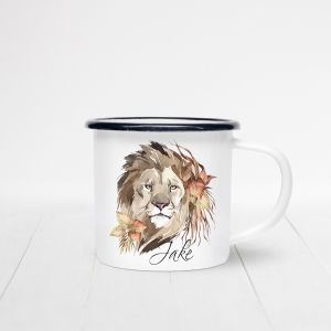Personalised enamel mug featuring a lion.