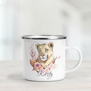 Personalised enamel mug featuring a lioness.