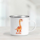 Personalised enamel mug with a cute baby brontosaurus dinosaur design.