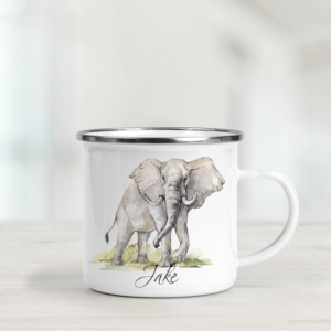 Personalised enamel mug featuring an elephant.