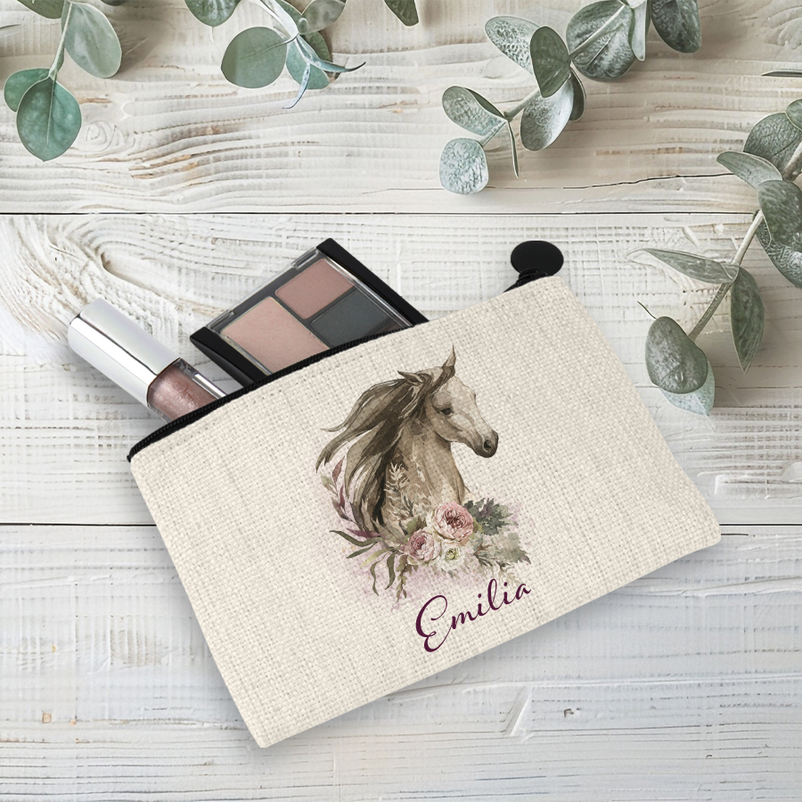 Personalised linen coin purse featuring a horse head with roses.
