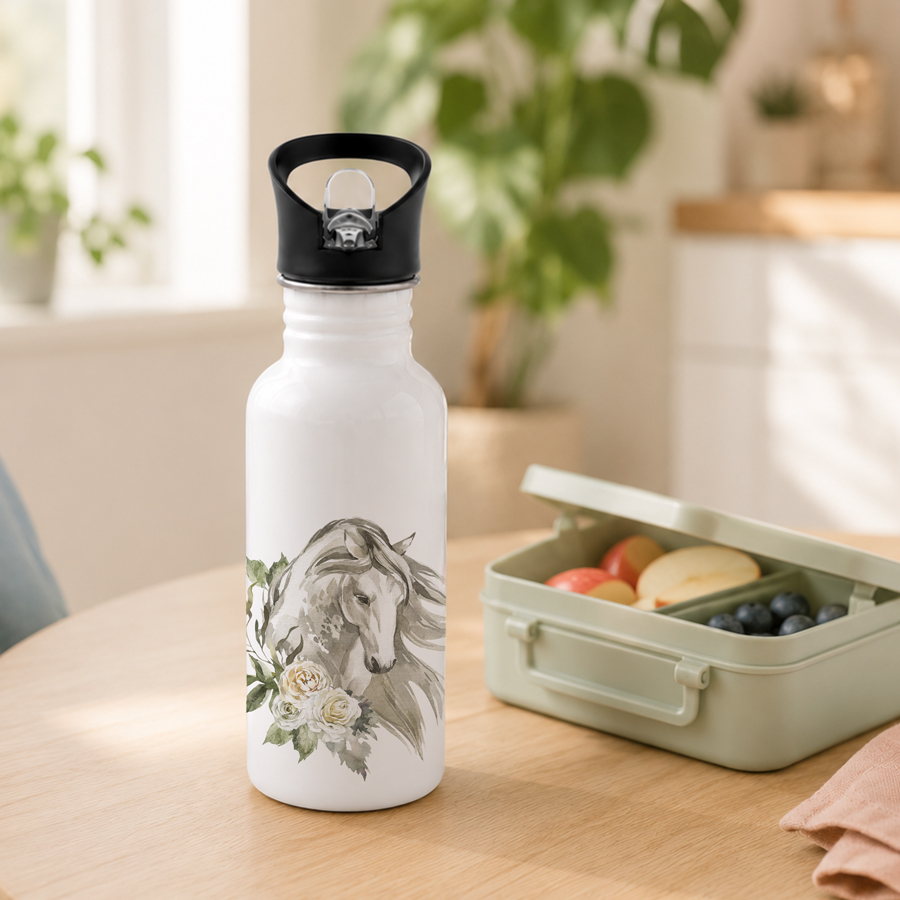 White stainless steel drink bottle featuring a grey horse head and roses.