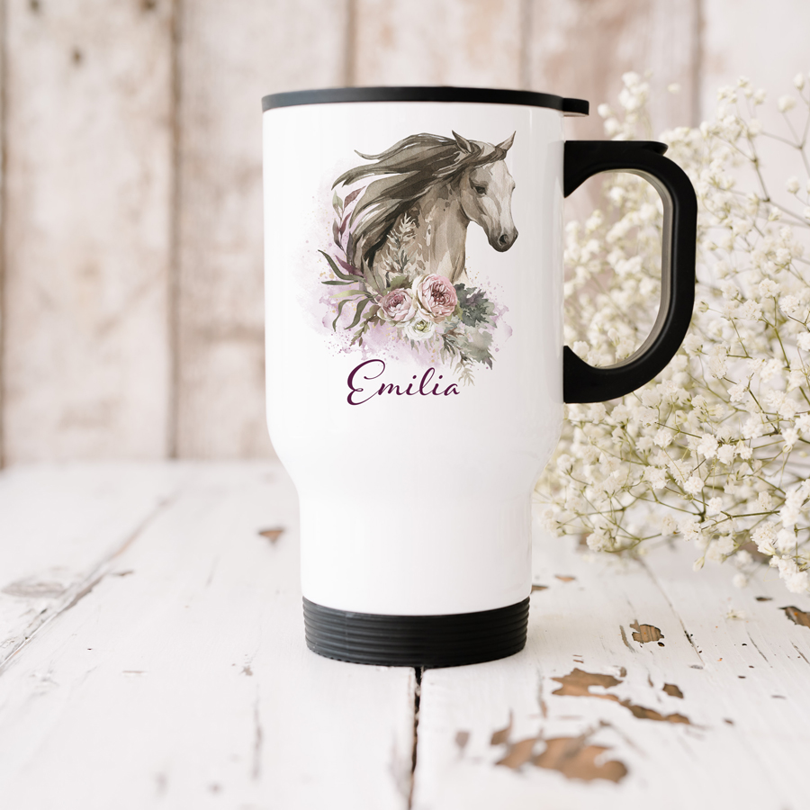 Personalised horse travel mug.