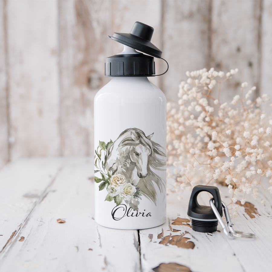 Personalised aluminium drink bottle featuring a grey horse head with roses.