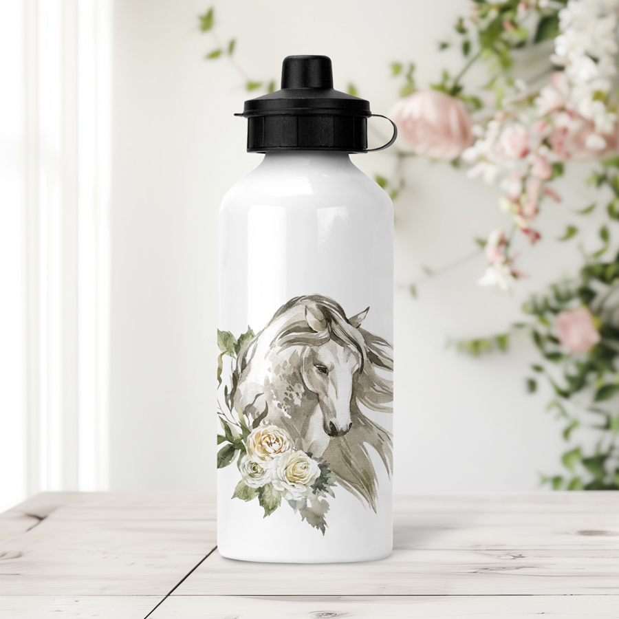 Aluminium drink bottle featuring a grey horse head with roses.