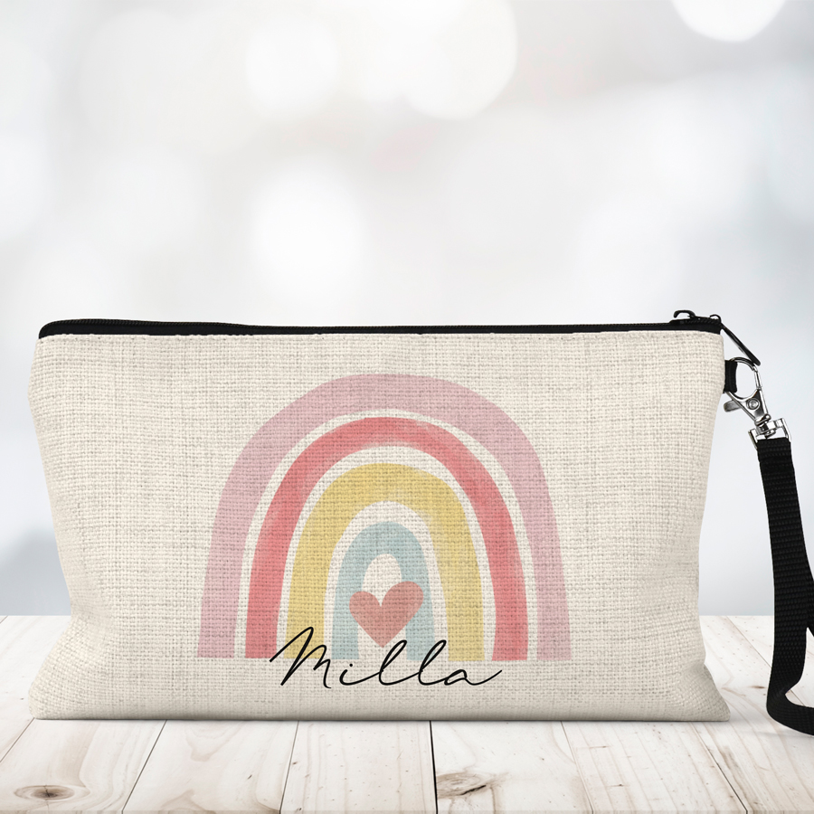 Rainbow on a customised linen makeup bag.