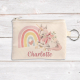 Personalised coin pouch featuring a unicorn and rainbow.