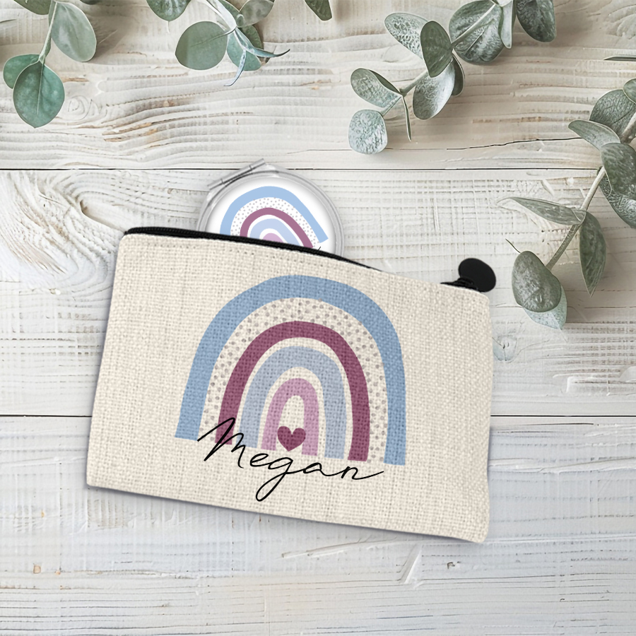 Personalised linen coin purse and compact mirror featuring a rainbow.