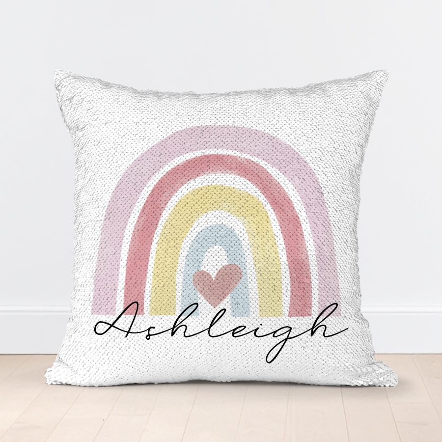 Personalised rainbow sequin cushion.