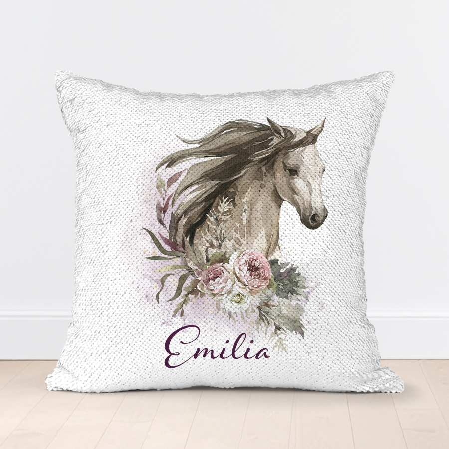 Personalised floral horse on a sequin cushion.