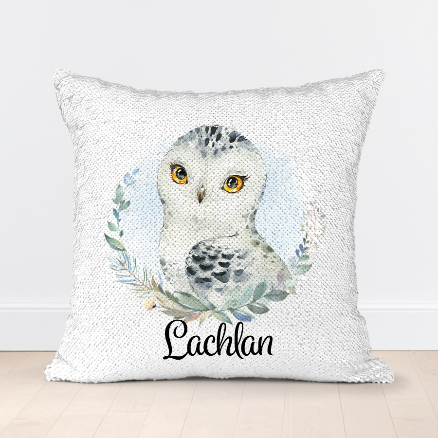 Personalised sequin cushion featuring a cute illustrated owl.