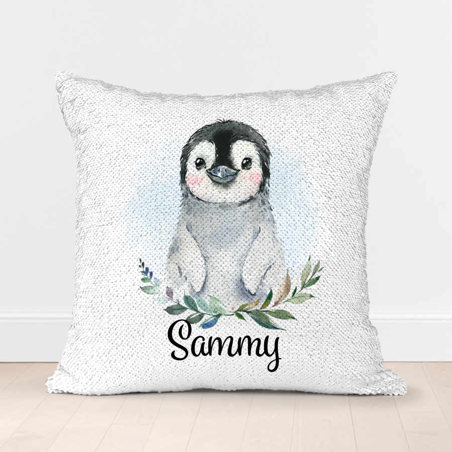 Kids personalised sequin cushion featuring a cute illustrated penguin.
