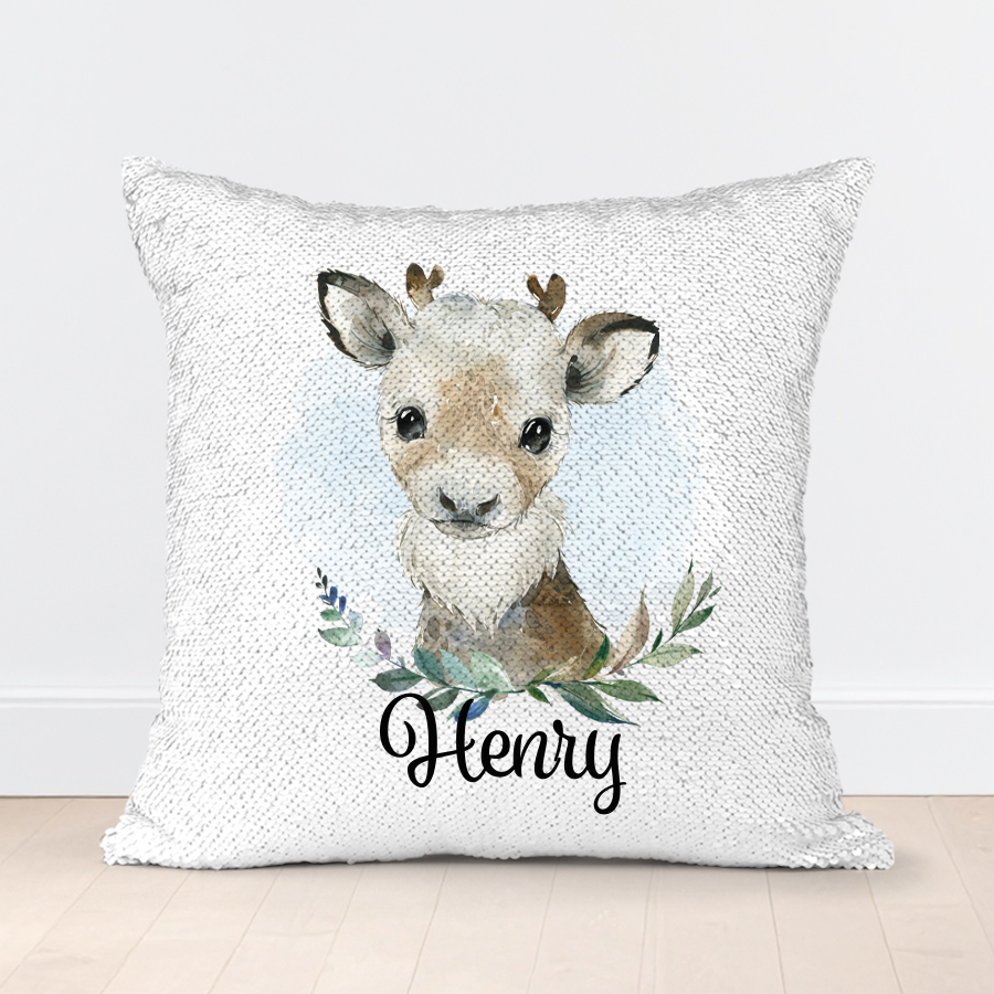 Cute reindeer sequin cushion with name.