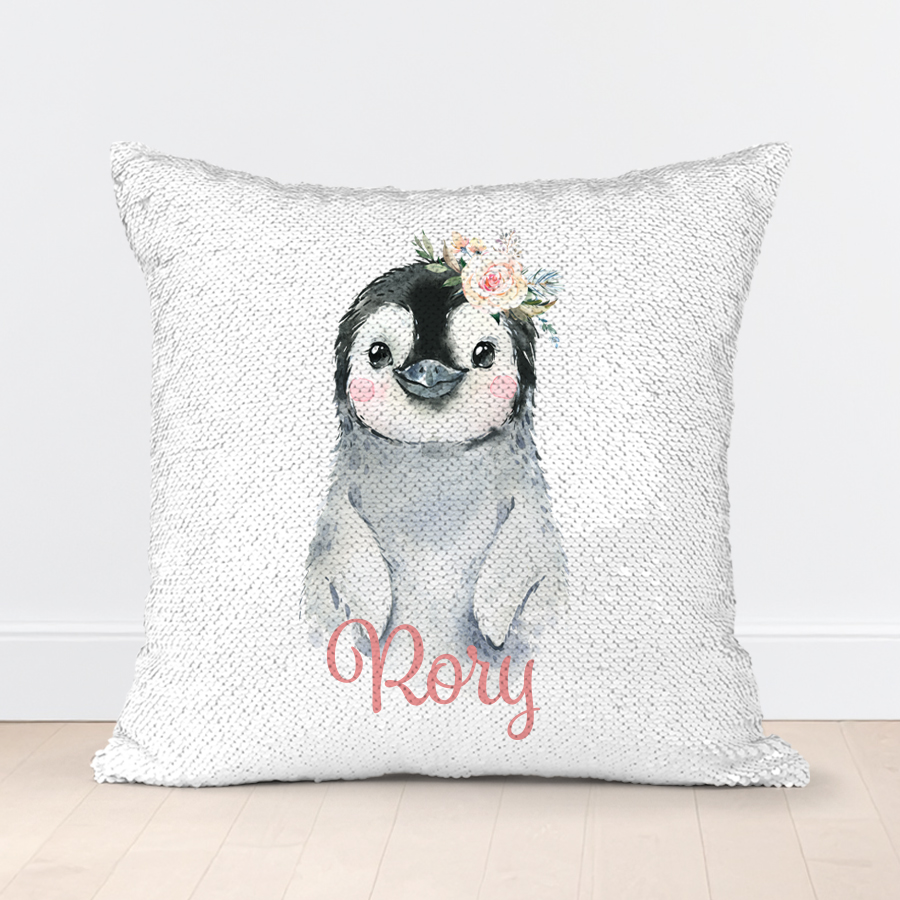 Cute penguin sequin cushion with name.