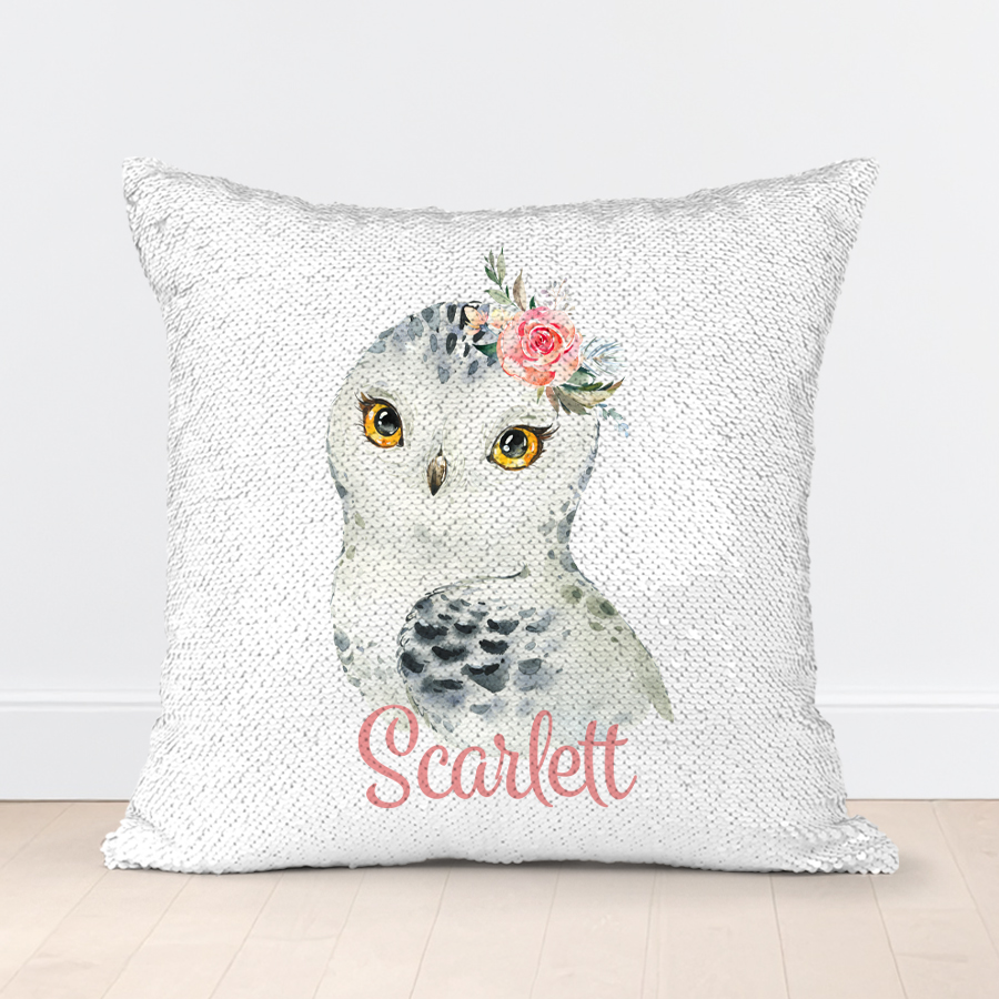 Personalised kids sequin cushion featuring a cute illustrated owl.