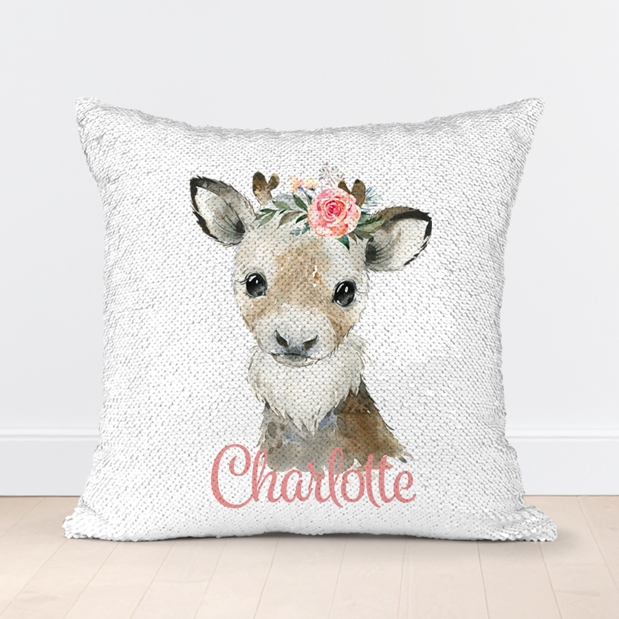 Personalised sequin cushion with a cute reindeer.