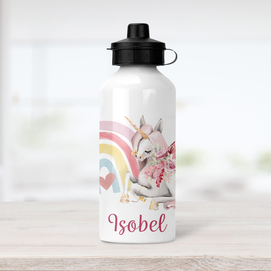 Personalised unicorn with rainbow water bottle.