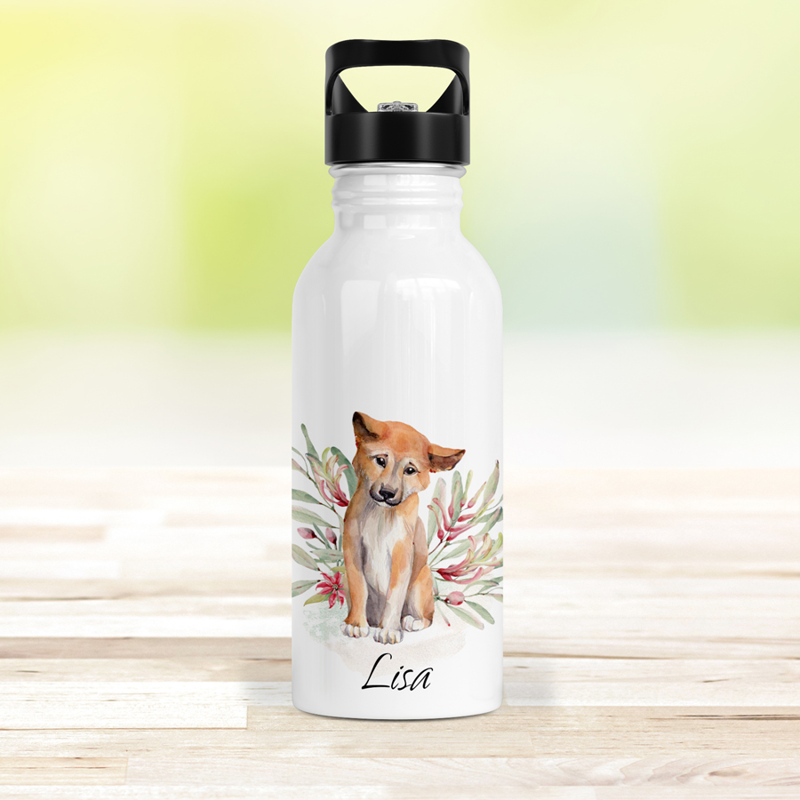Personalised water bottle with straw featuring a cute dingo pup.
