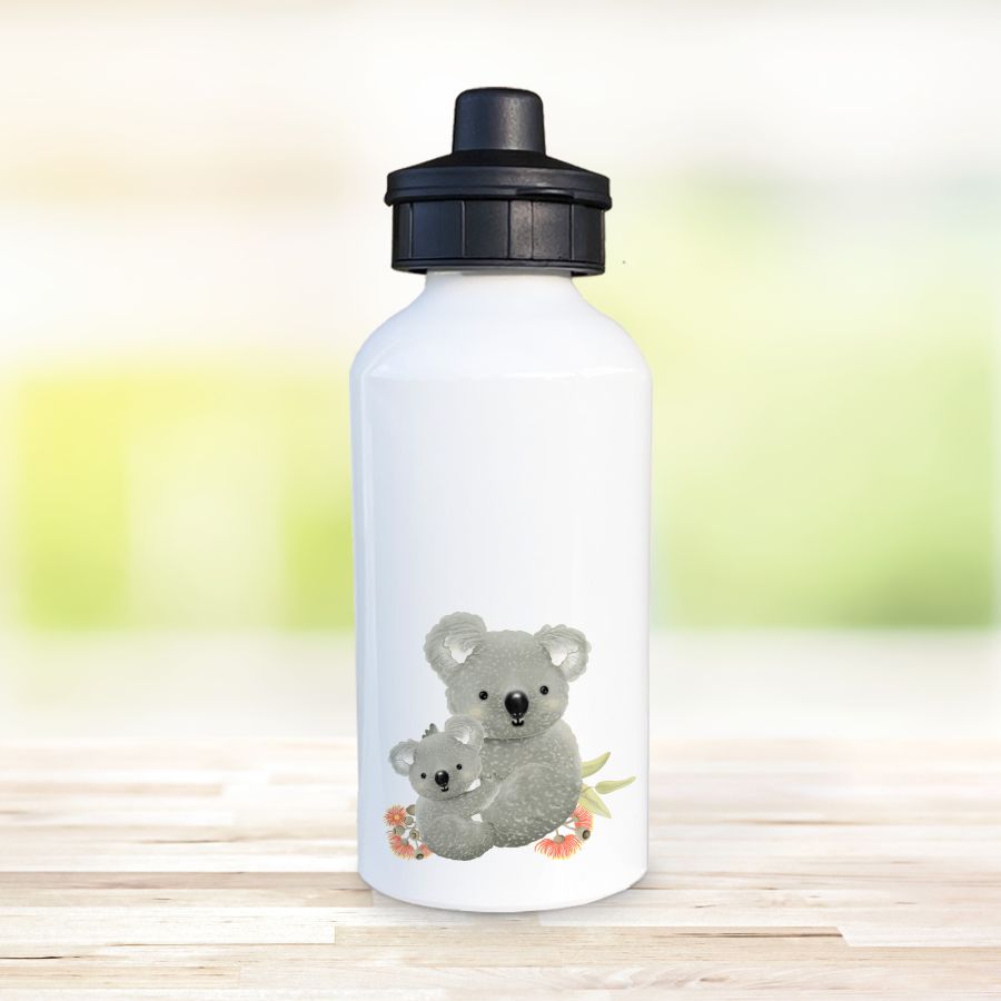 Aluminium water bottle with a koala design.