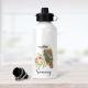 White 500ml personalised aluminium drink bottle with a kookaburra print.