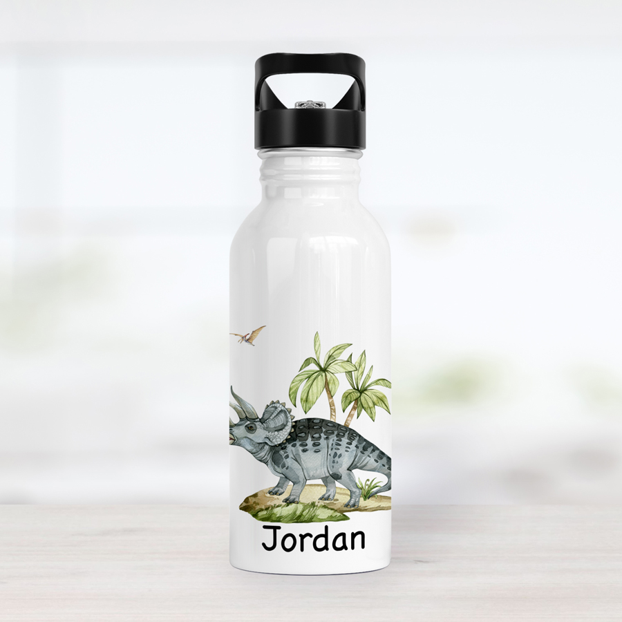 Personalised Triceratops drink bottle.