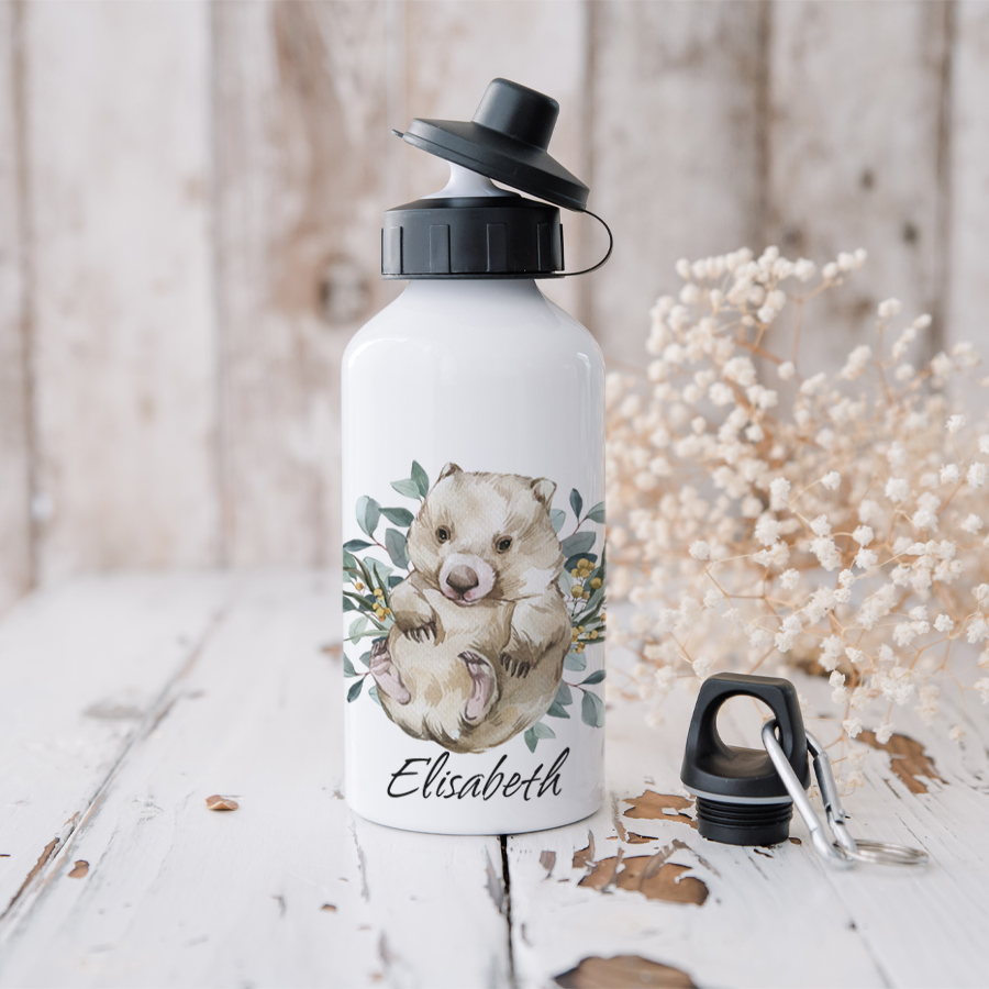 Personalised aluminium drink bottle featuring a wombat.