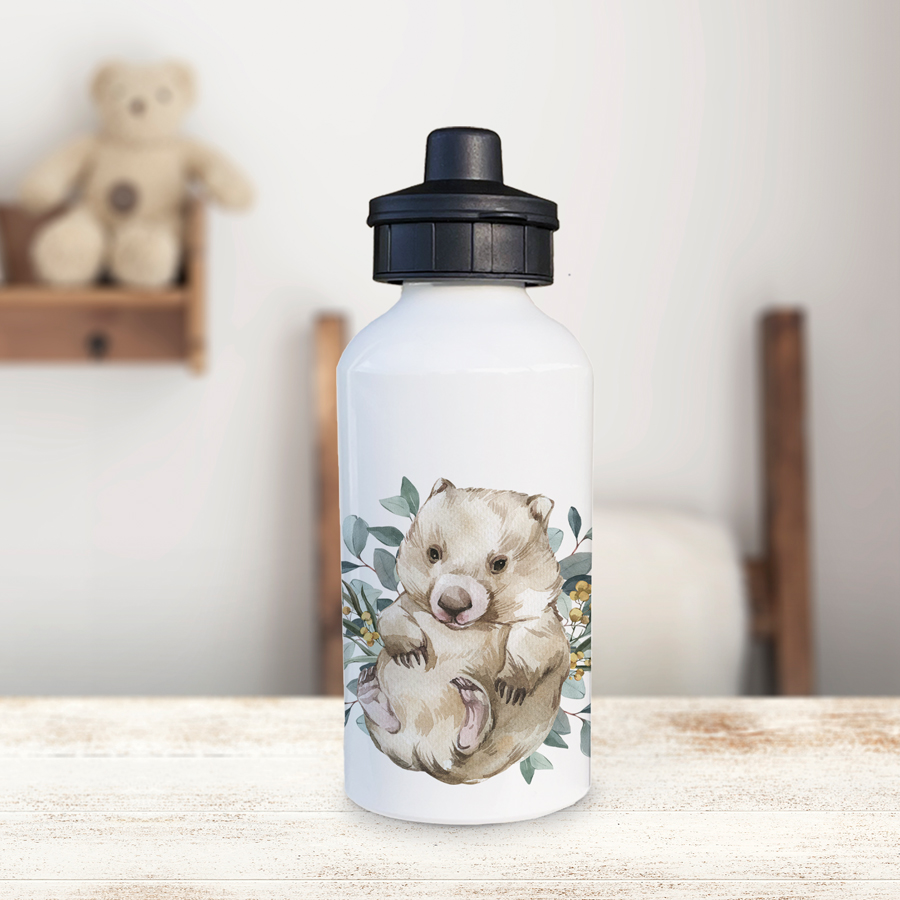 Aluminium drink bottle featuring a wombat.