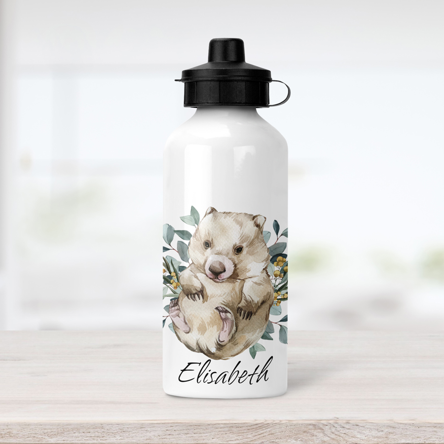 Personalised wombat water bottle.