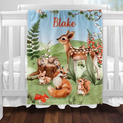 Personalised woodland animals baby blanket for babies.