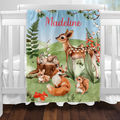 Personalised baby minky blanket featuring woodland animals.