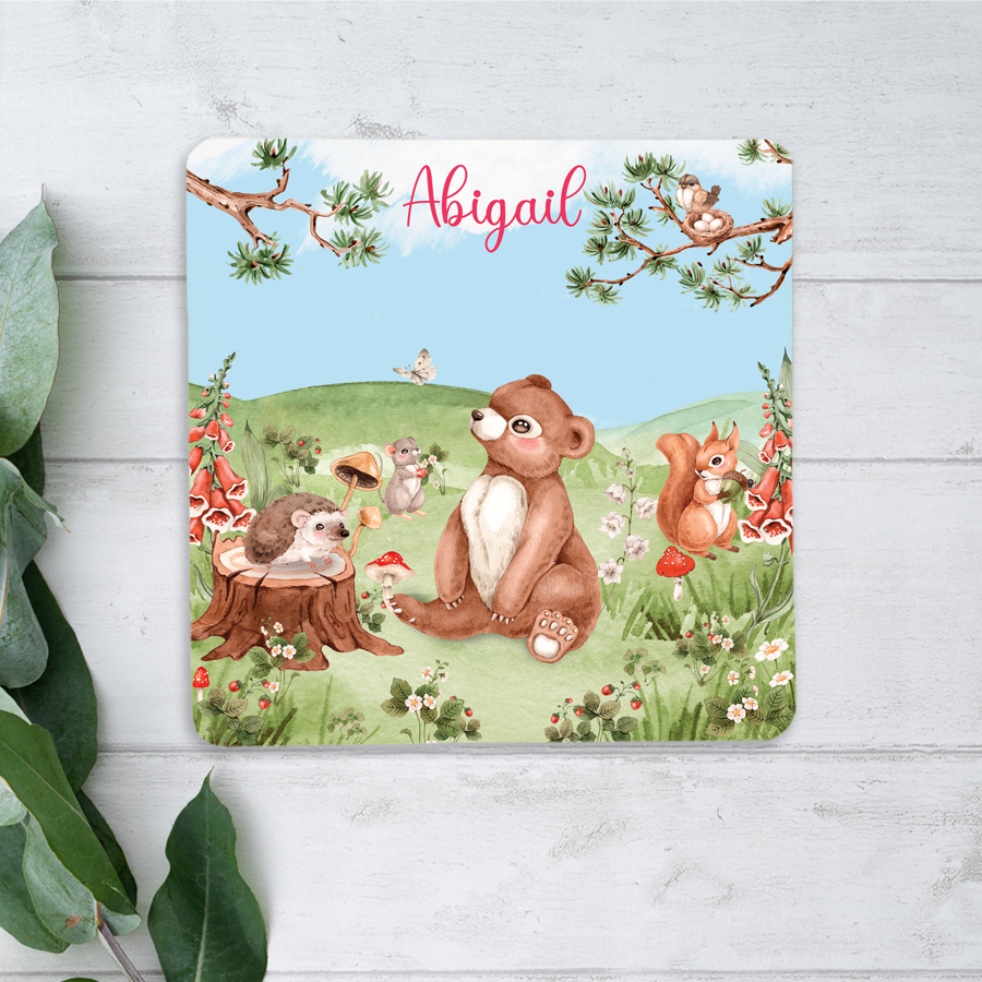 Personalised woodland friends coaster.