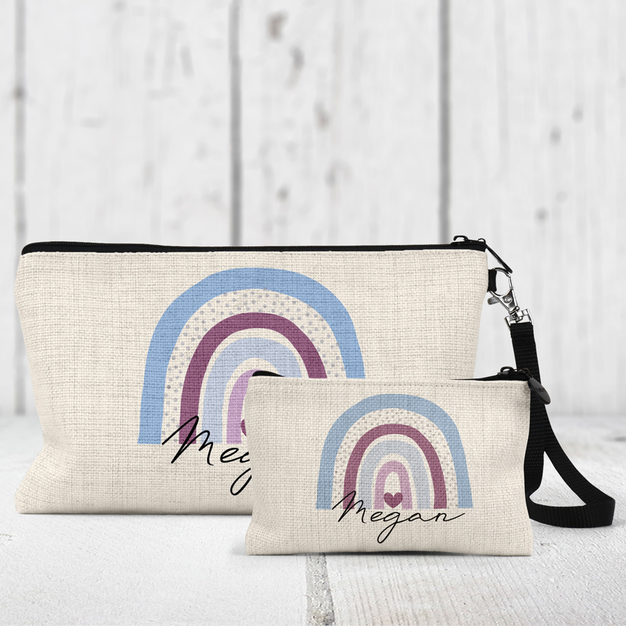 Personalised linen coin purse and cosmetic bag featuring a rainbow.