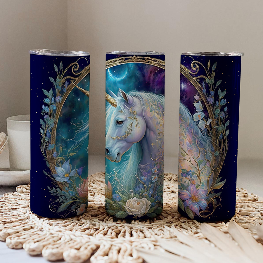 Three skinny tumblers displaying a uniicorn print.
